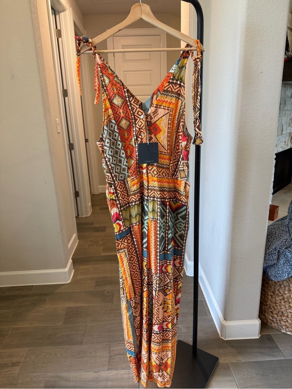 Haute Hippie Multicolor Orange Geometric Tie-Shoulder Jumpsuit M MSRP:$295